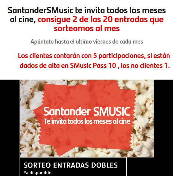 Santander SMusic sortea 20 entradas al cine todos los meses
