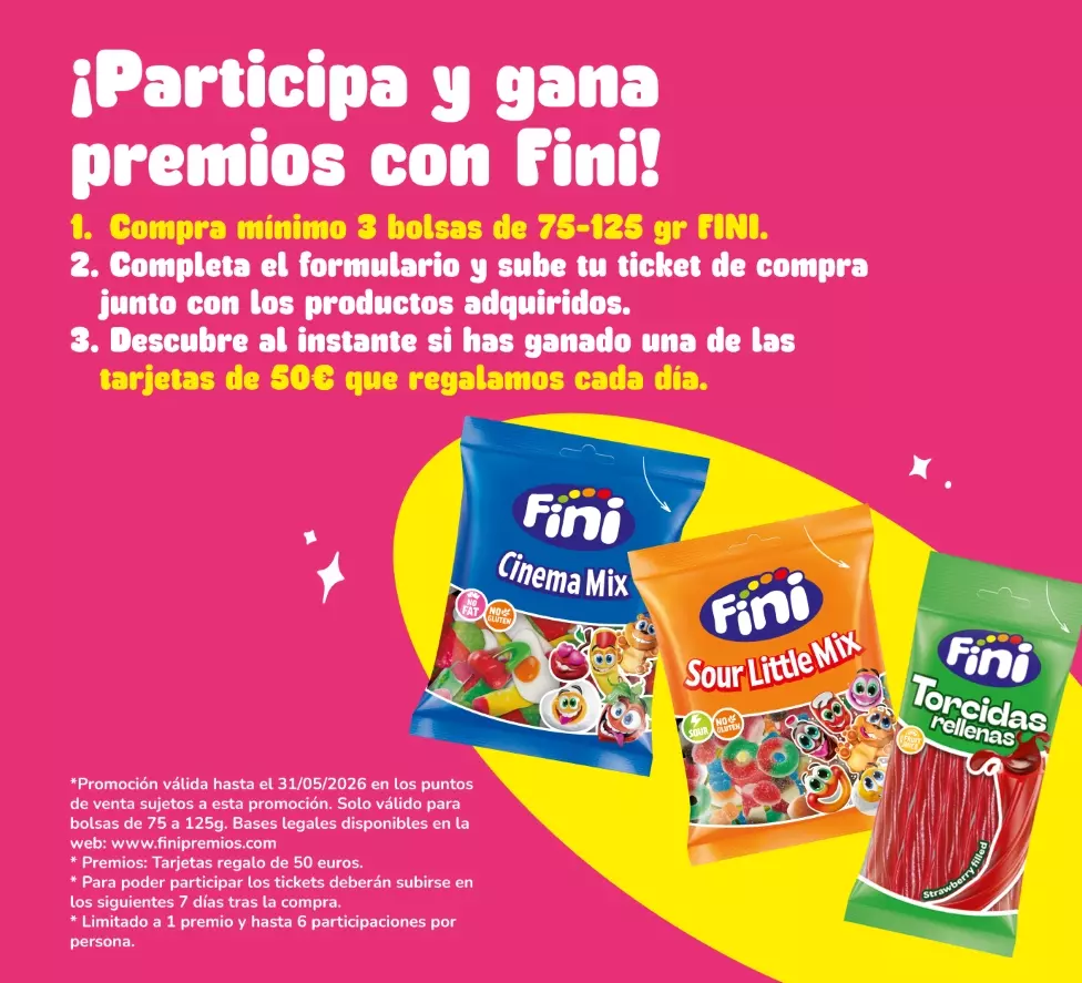 Gana tarjetas regalo y premios por comprar chuches Fini