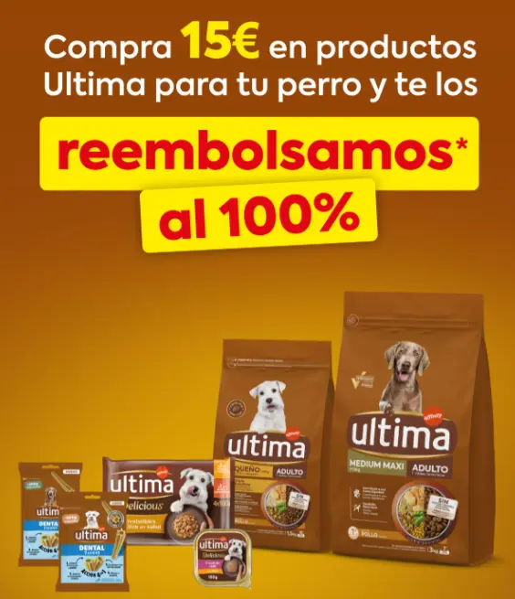 Compra 15€ en productos Ultima para tu perro y te los reembolsan al 100%