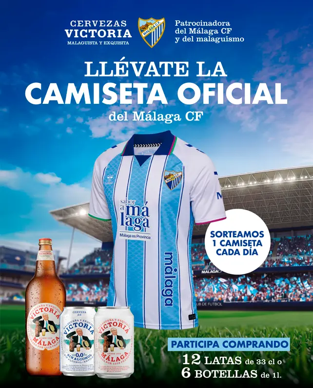 Llévate la Camiseta Oficial del Málaga CF con Cervezas Victoria, patrocinadora del Malaguismo. 🟦⬜🟦⬜🟦